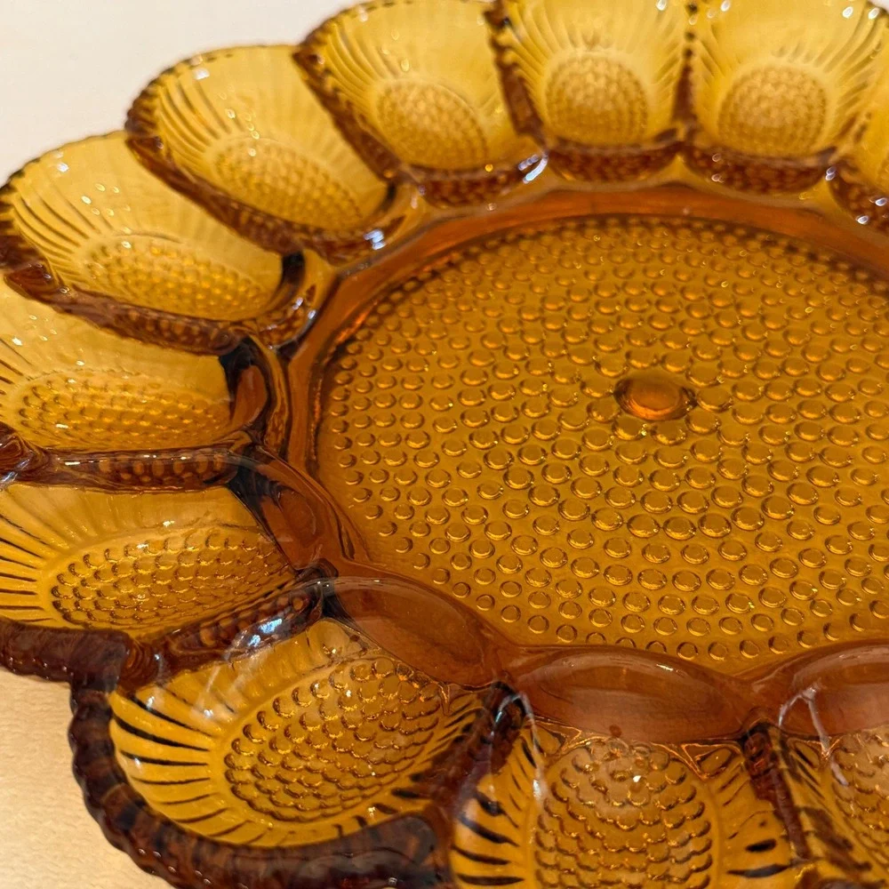 Vintage Amber Indiana Glass Deviled Egg Plate 15 Slot Rnd Hobnail Scalloped MCM